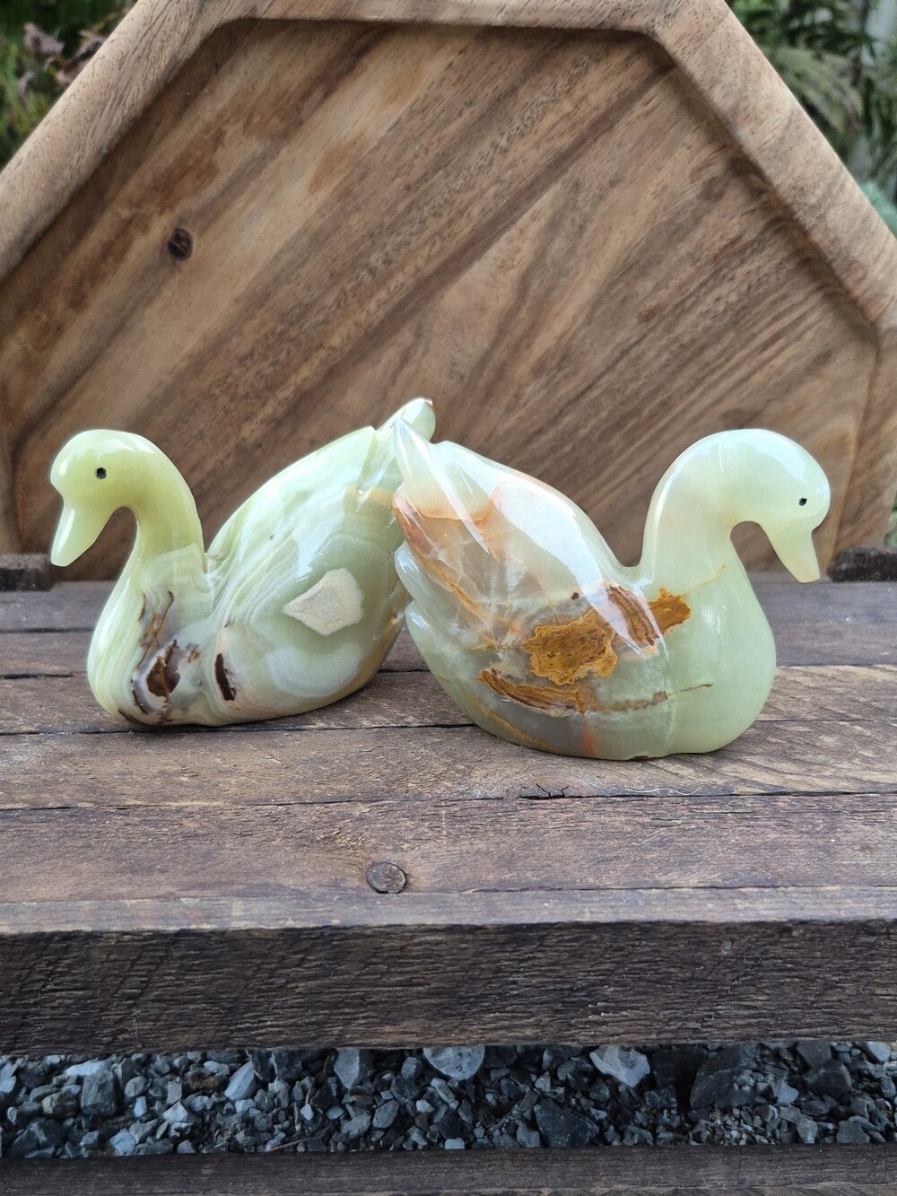VTG Hand Carved Green Onyx Swan Figurines Pair 4x3